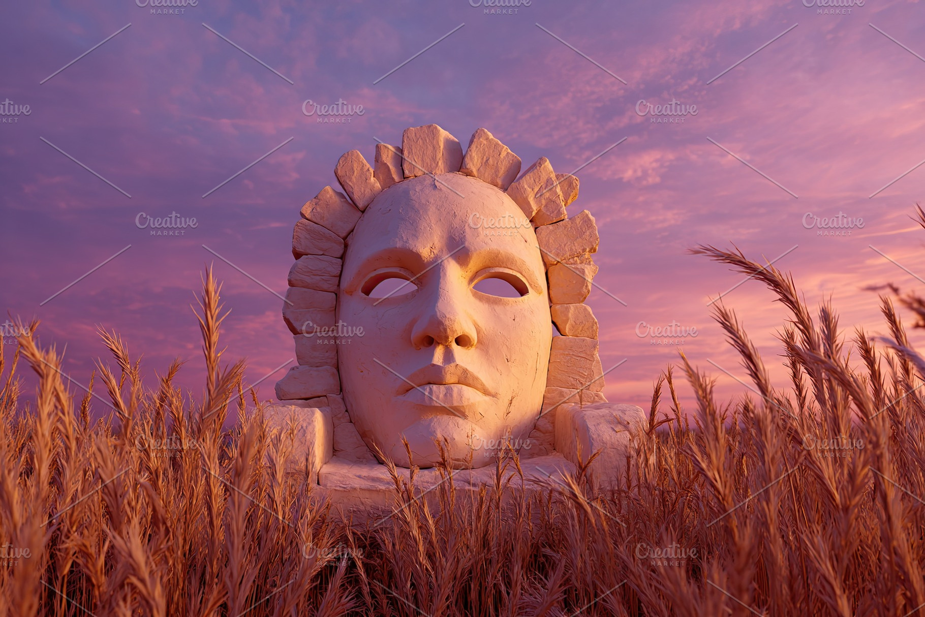 Stunning sculpture of a face surrounded by golden grass at sunset, a Photo by AlyaAnd