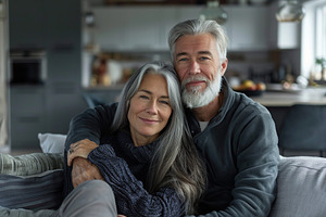 Portrait of happy mature couple sitting on grey couch at home, a Person Photo by AlyaAnd