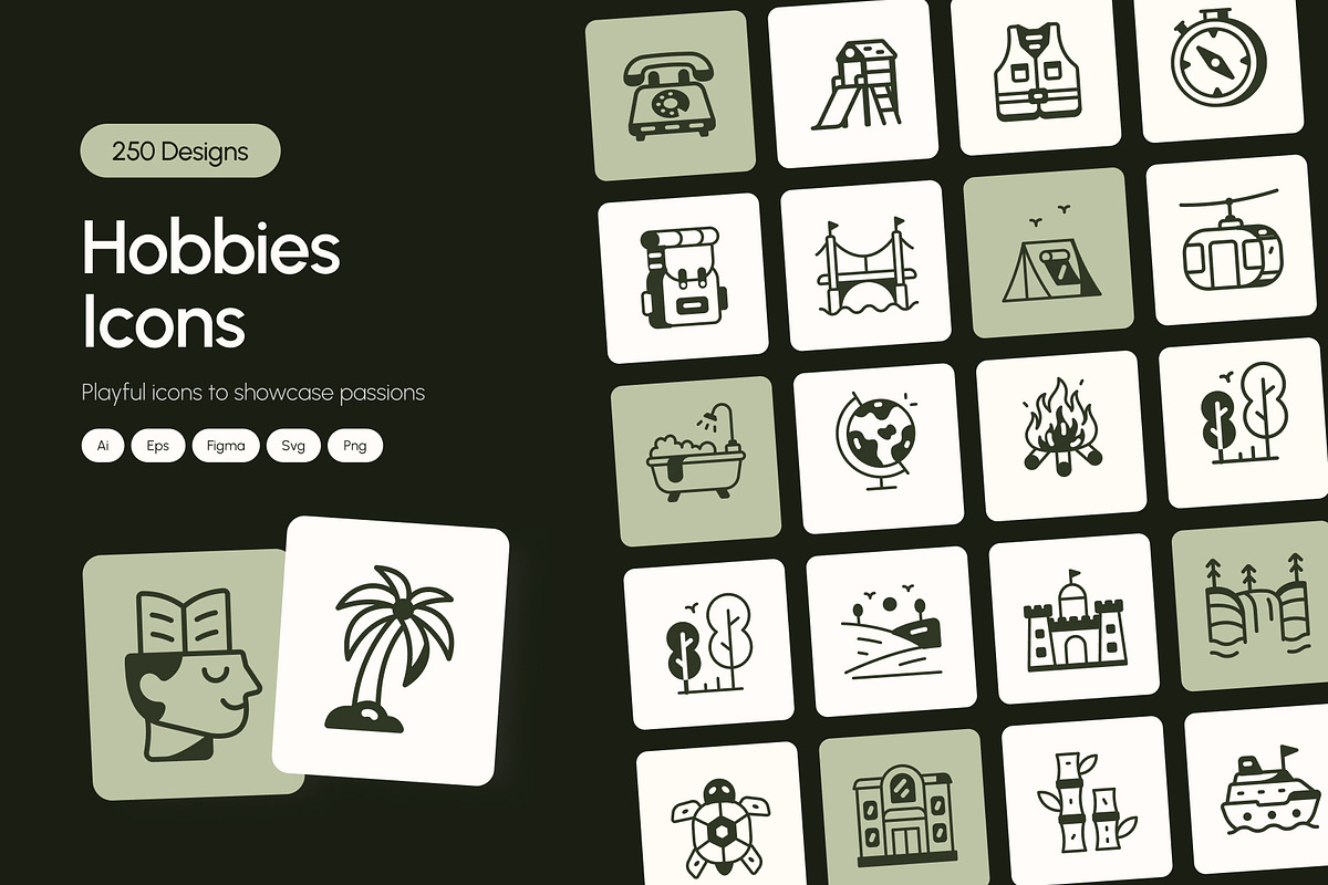 250 Hobbies Icons, a Solid Icon by Prosymbols (Photo 1 of 11)