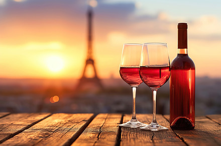 Bottle and wineglasses on table on Eiffel Tower background, a Food & Drink Photo by AlyaAnd