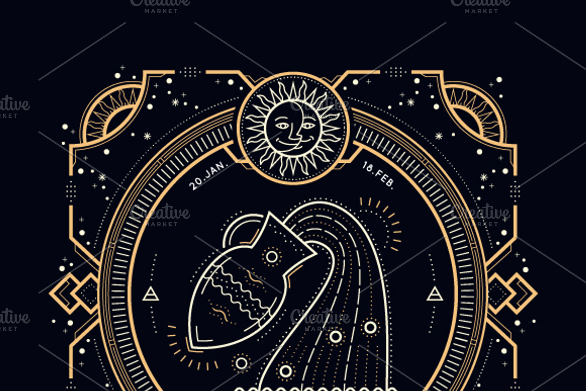 Thin line zodiac label - Aquarius, an Object Graphic by painterr (Photo 2 of 2)