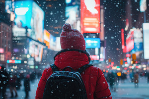 Red jacket glows in snow, a Photo by Pavel_design