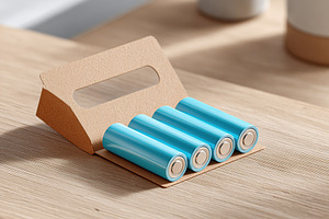 Pack of rechargeable batteries resting on a wooden surface with blurred backgro, a Photo by AlyaAnd