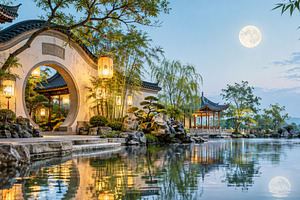 Mid autumn moon festival reflecting in tranquil water of traditi, a Photo by Dvoevnore photos