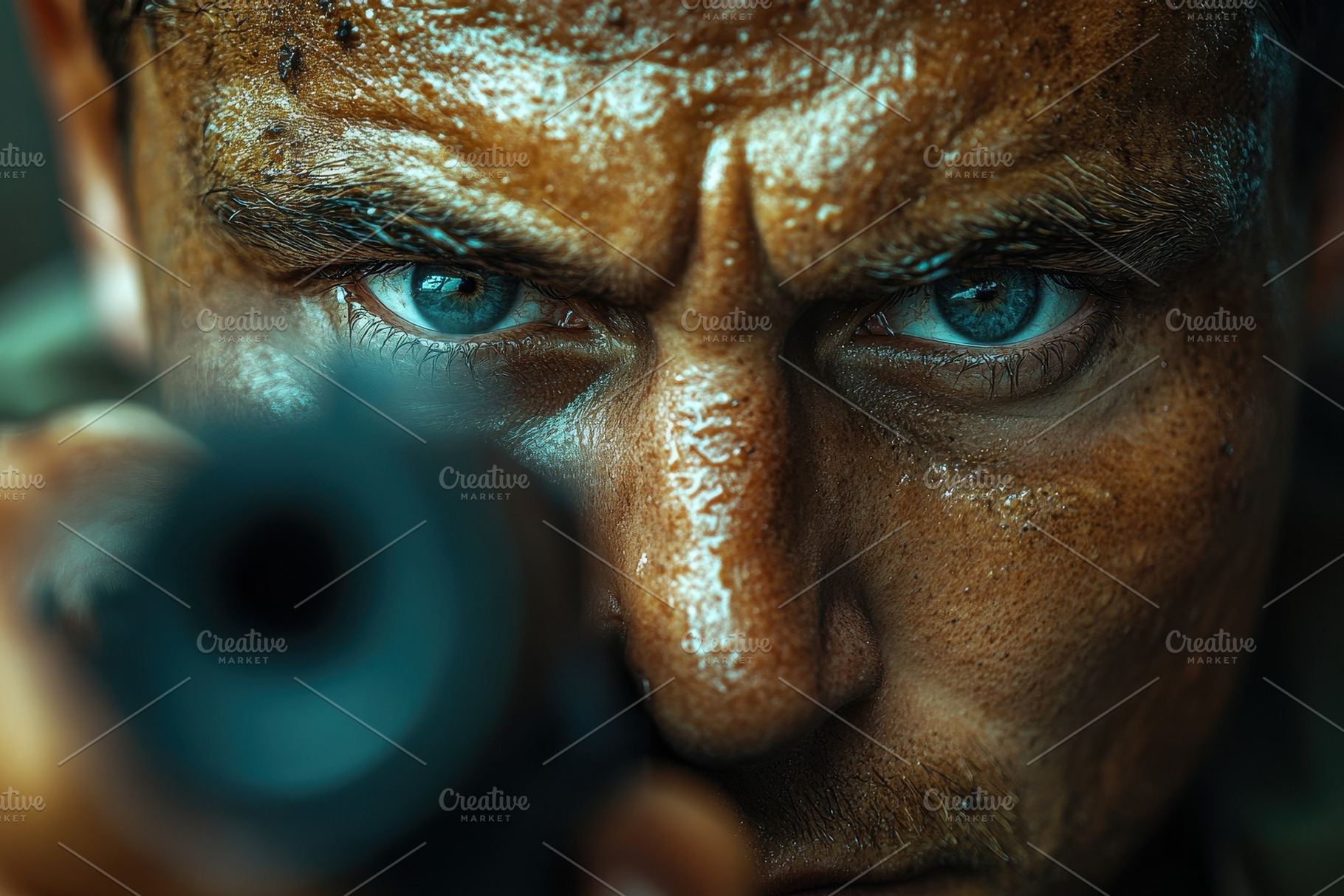 Intense close-up of soldier aiming f, a Photo by Tanuart