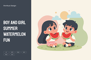 Boy and Girl Summer Watermelon Fun, a Person Illustration by Partikusi Design
