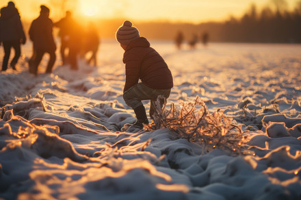 Young Child Playing in the Snow at Sunset, Family Winter Activities Outdoors, a Photo by AS photostudio