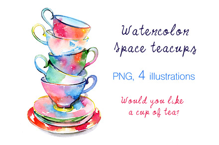 Watercolor space teacups