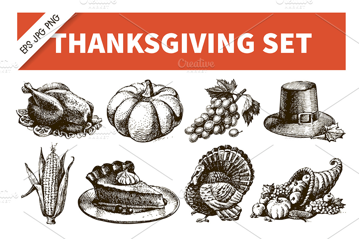 Thanksgiving Hand Drawn Vintage Set, an Illustration by Elena Pimonova