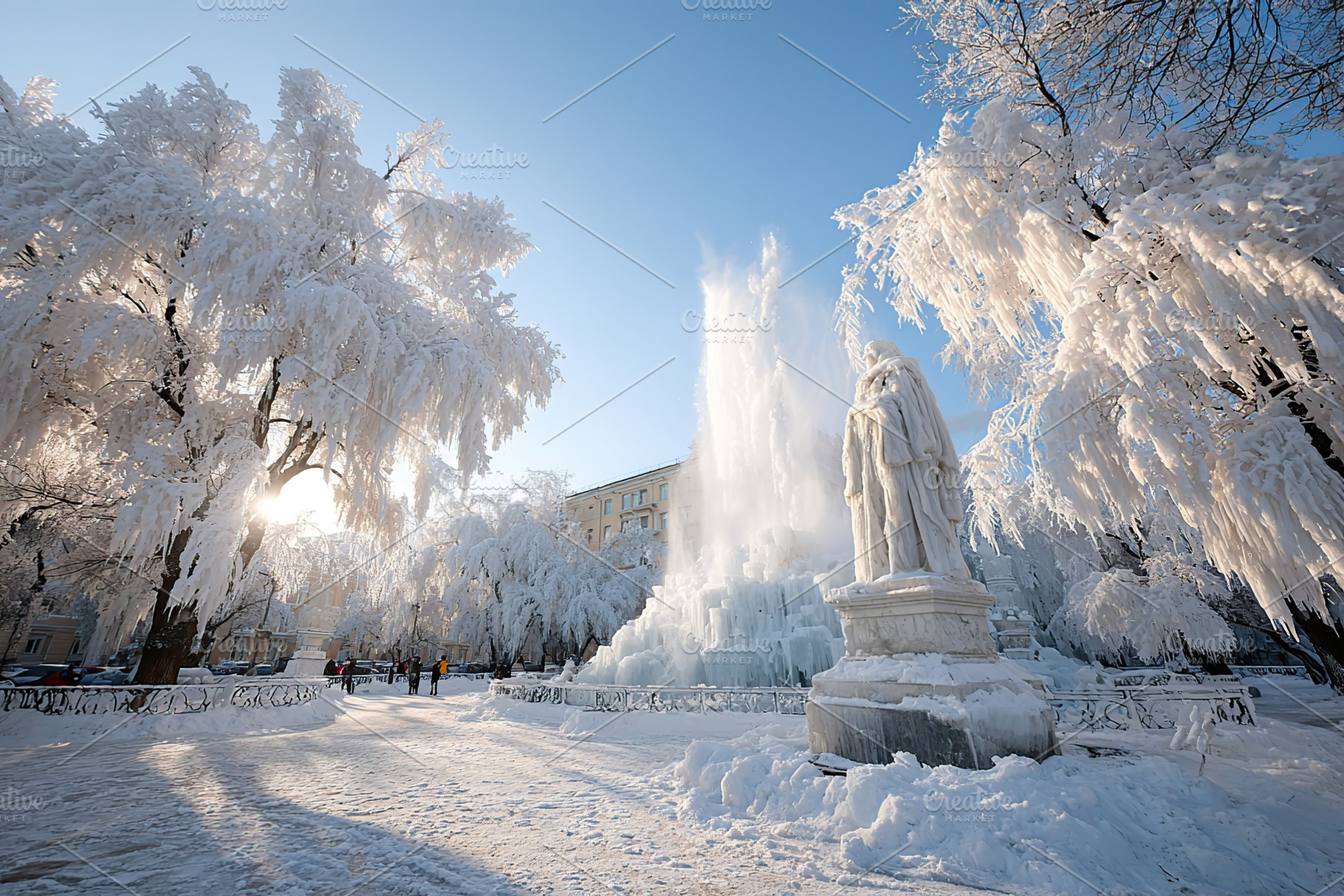 Frozen winter park with ice-covered trees and fountain at midday, a Photo by AlyaAnd