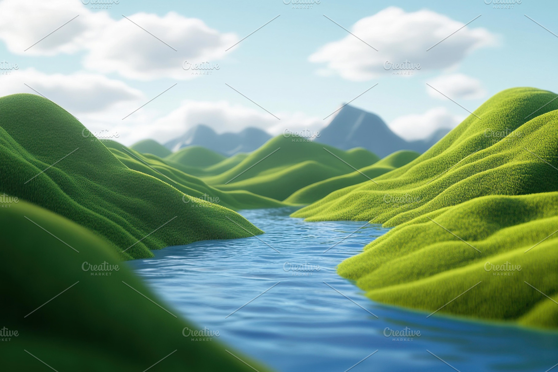 Lush green hills surround a serene r, a Photo by Tanuart
