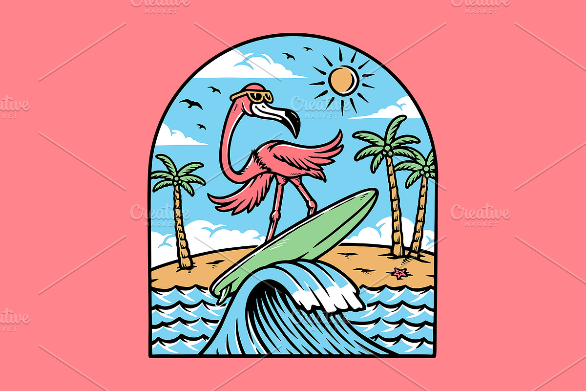 flamingo is surfing while having fun, an Animal Illustration by gunaonedesign (Photo 1 of 4)
