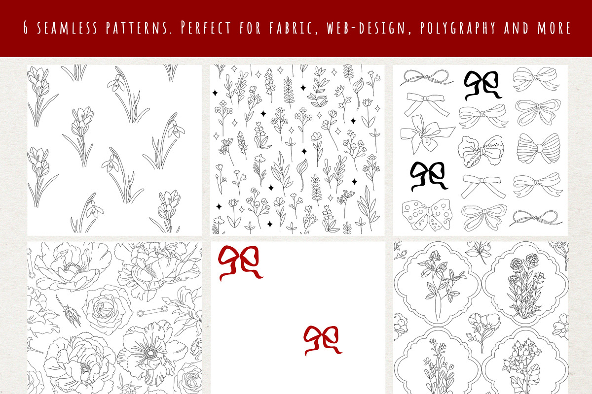 Flowers and Bows graphic line art, a Decorative Illustration by Nataly_is_Drawing (Photo 10 of 11)
