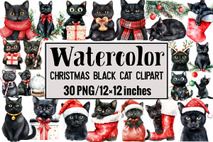 Christmas Black Cat Clipart, an Illustration by Design Market