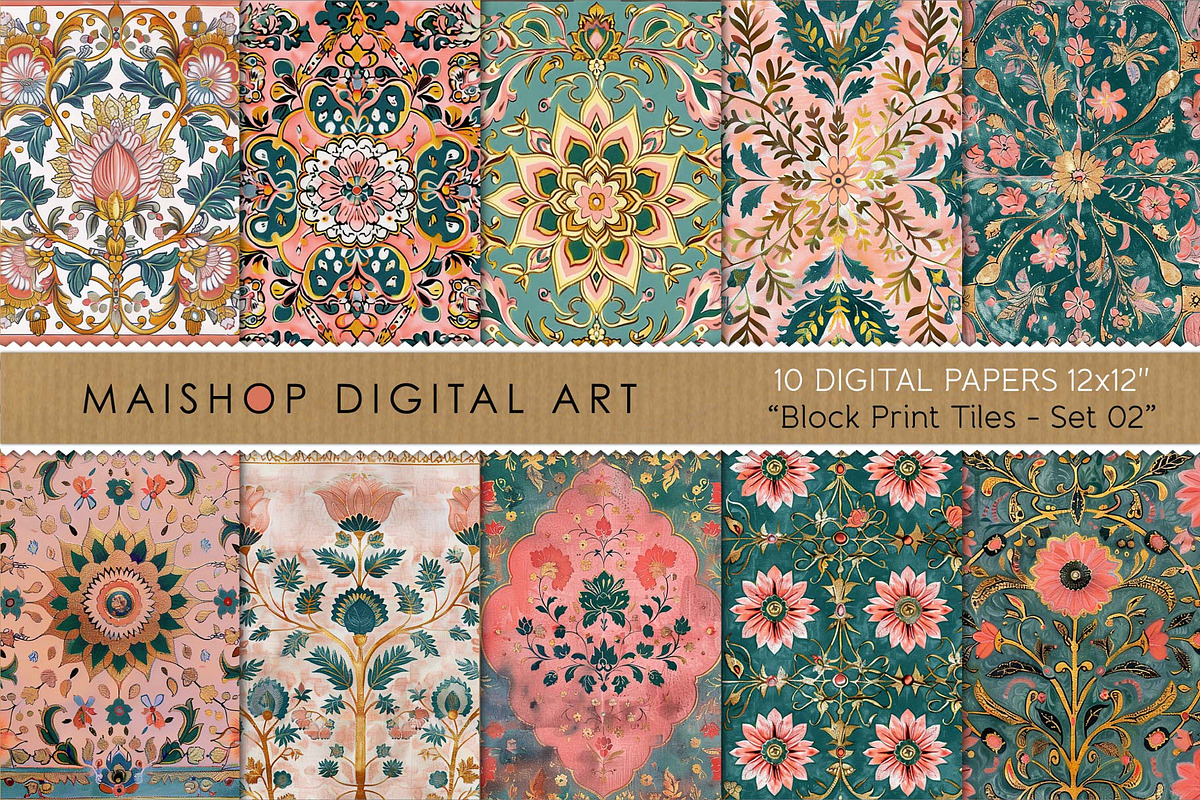 Digital Papers Block Print Tiles 02, a Pattern Graphic by Maishop (Photo 1 of 3)