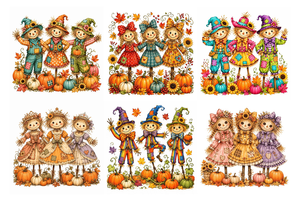 Trio Scarecrow PNG Clipart Bundle, a Seasonal Illustration by Nicolle's Colorful Art (Photo 6 of 8)