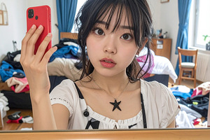 Young woman holding a phone takes a mirror selfie in a cluttered, a Person Photo by DanFLCreativo