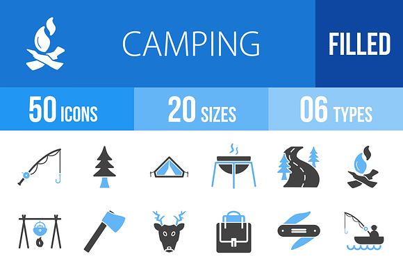 50 Camping Blue & Black Icons preview 4