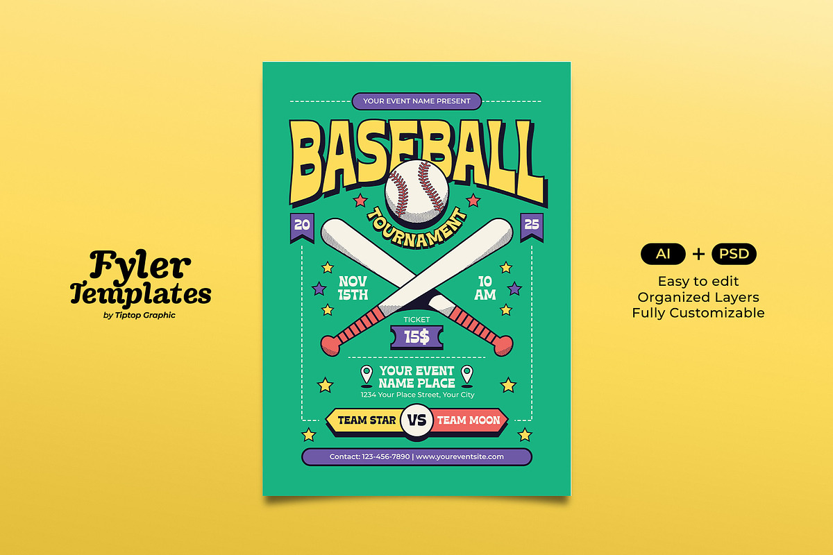 Retro Baseball Tournament Flyer, a Flyer Template by Tiptop Graphic (Photo 1 of 5)