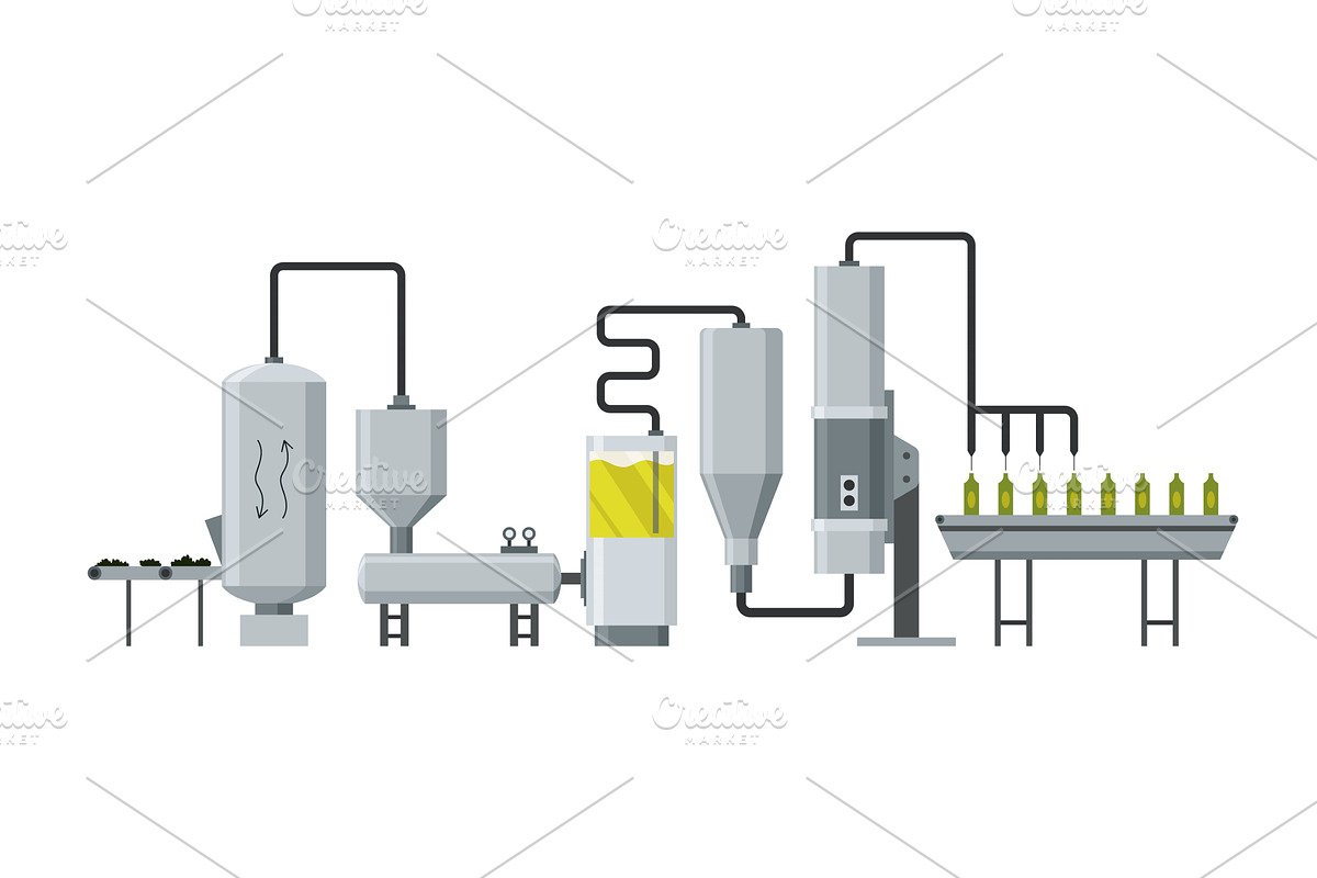 Olive oil production in factory line, an Illustration by the8monkey