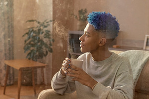 Person with blue hair holding cup indoors, a Photo by DanFLCreativo