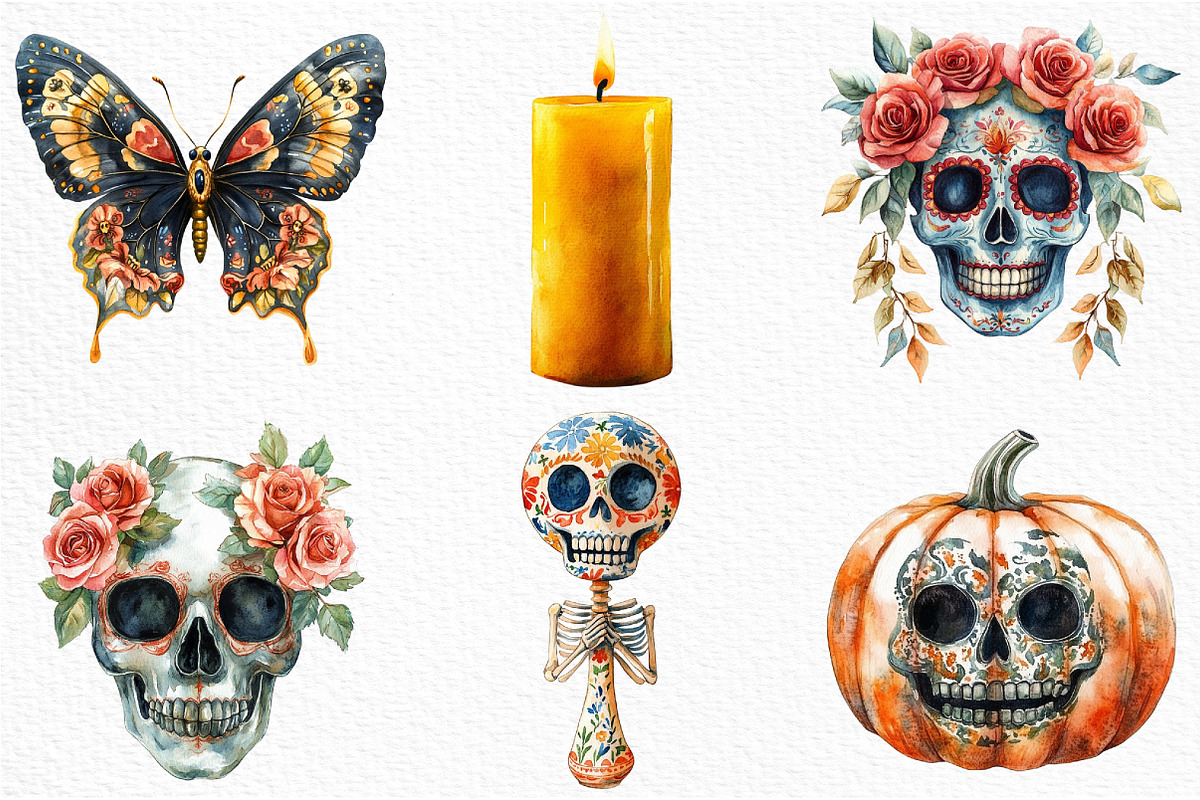 Watercolor Day of the Dead Clipart, an Illustration by Craft Nest (Photo 2 of 6)