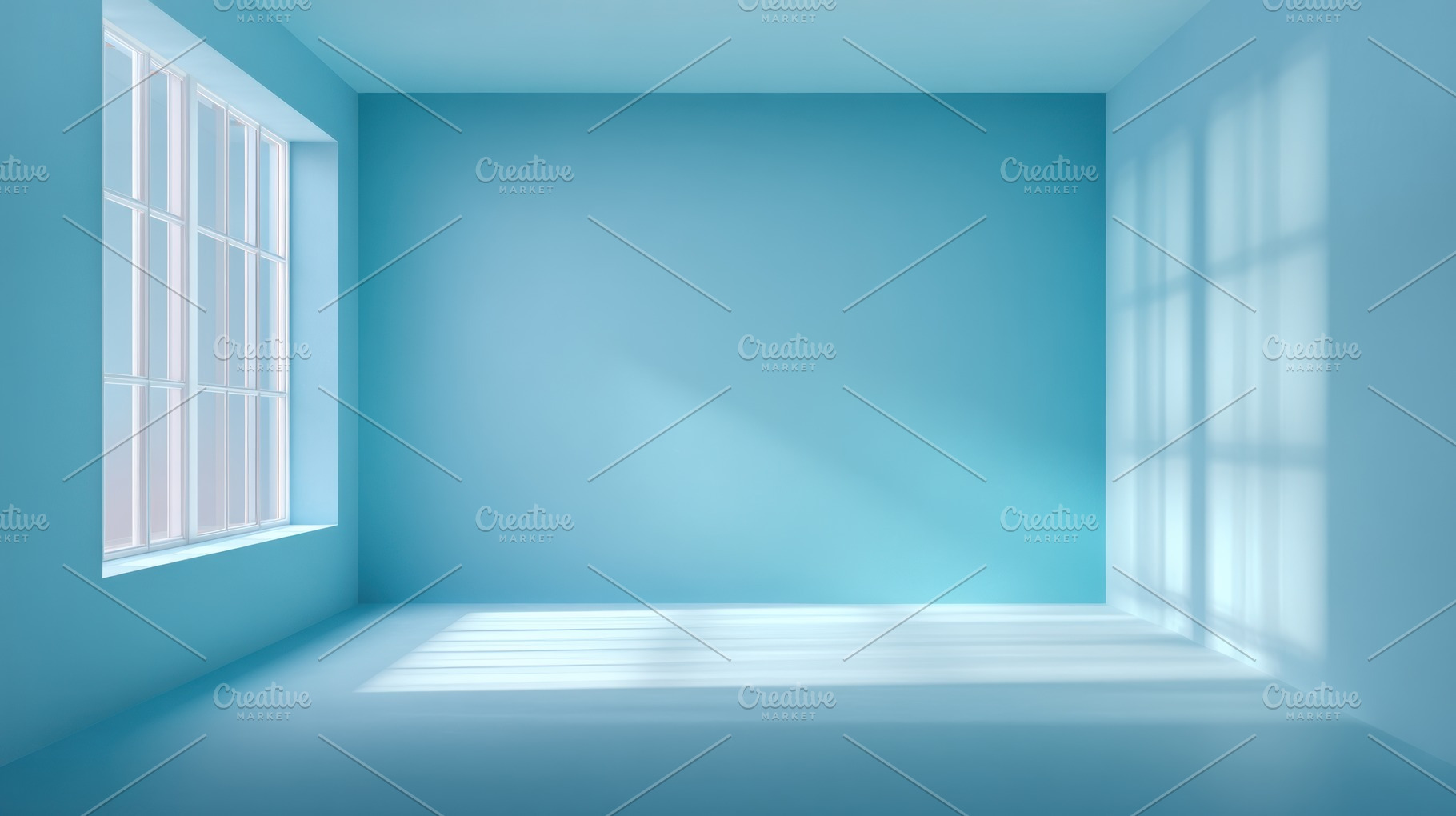 Bright blue empty room with large window and strong sunlight cas, an Abstract Photo by José Manuel Gelpi