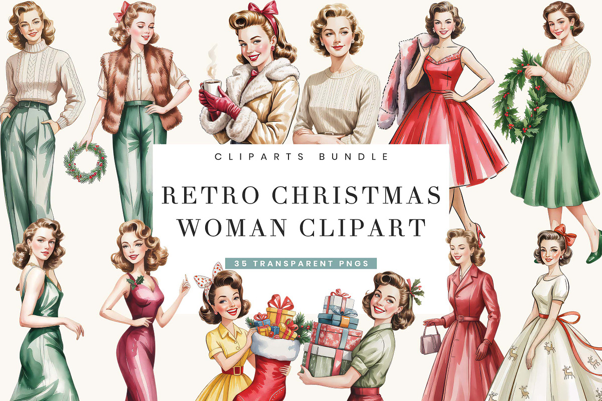 Retro Christmas Woman Clipart Bundle, a Person Illustration by BusyDaydesign (Photo 1 of 9)