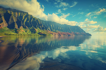The serene coastline of Kauai featur, a Photo by Tanuart