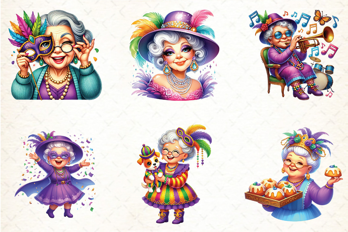 Mardi Gras Grandma Clipart Bundle, an Illustration by DreamCafeArt (Photo 2 of 3)