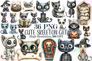 Cute Skeleton Cat Clipart, an Illustration by Sublimation Artist