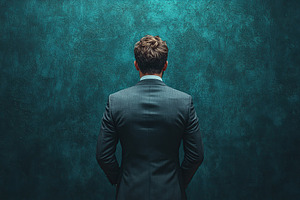 Back view of businessman facing difficulties, against wall background, a Photo by AlyaAnd