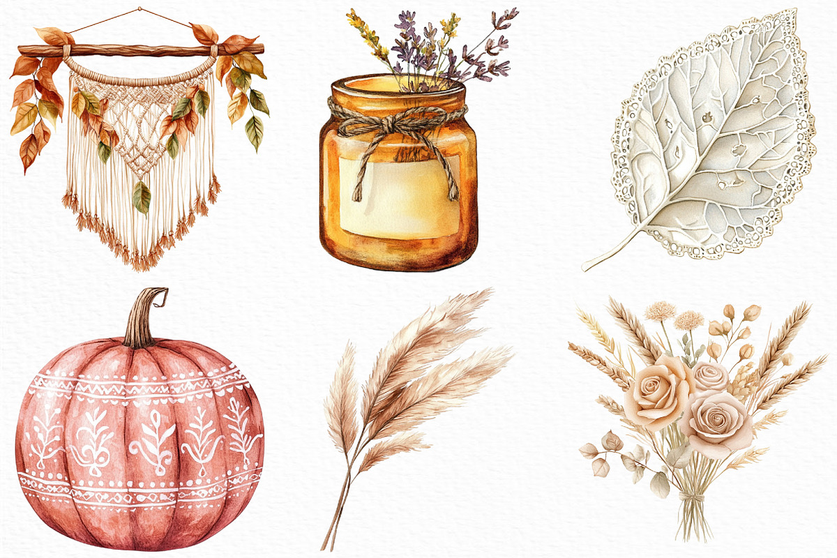 Watercolor Boho Autumn Clipart, an Illustration by Craft Nest (Photo 4 of 6)