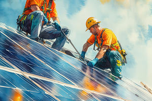 Two workers in hard hats installing solar panels on a roof under a bright blue, a Technology Photo by Textures & Backgrounds
