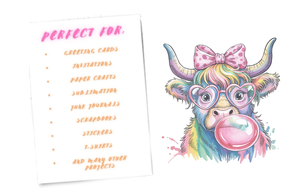 Coquette Highland Cow Bubblegum, an Illustration by Watercolor design (Photo 2 of 6)