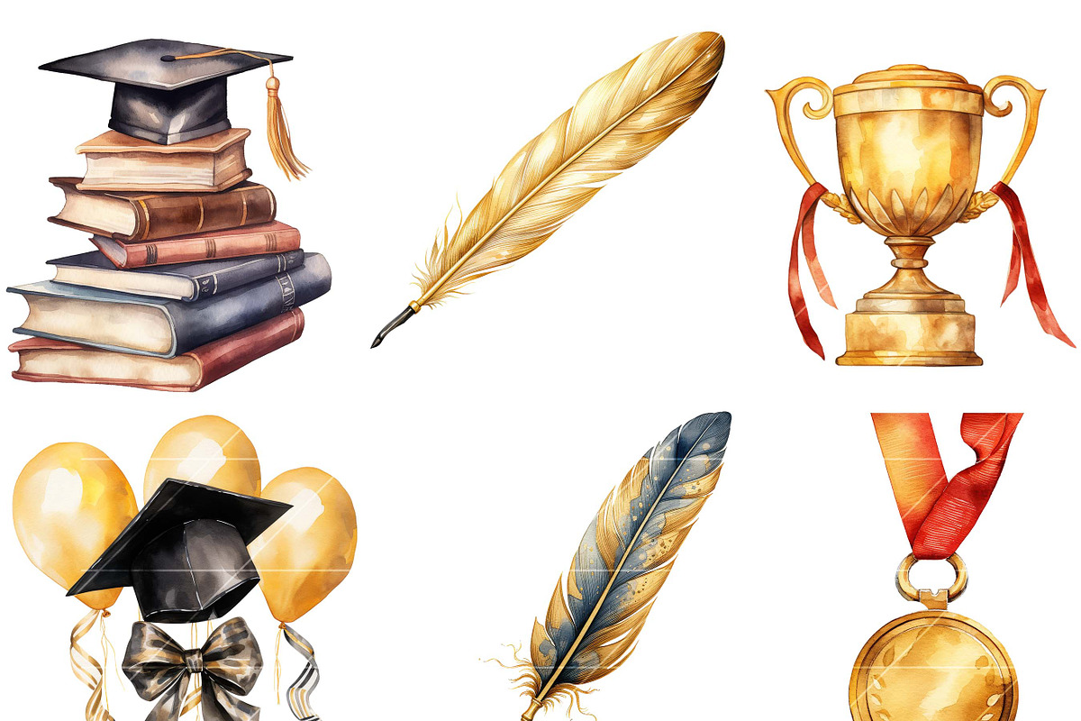 Watercolor Graduation Clipart Bundle, an Object Illustration by Design ...