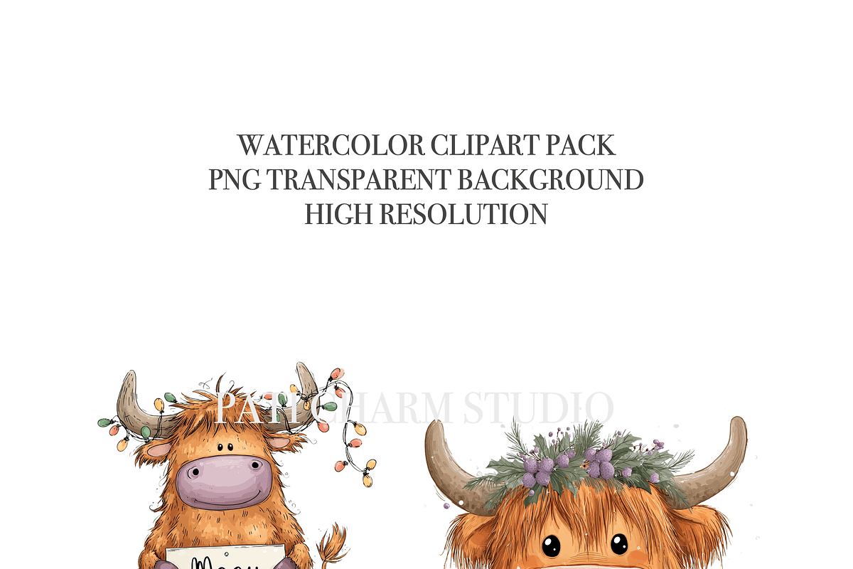 20 Christmas Highland Cow Clipart, an Animal Illustration by Pati Charm Studio (Photo 4 of 8)