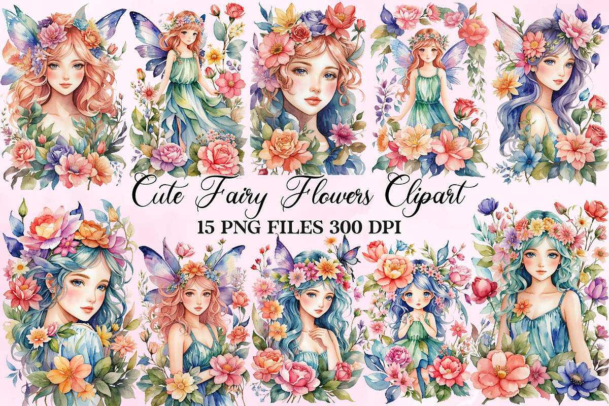 Watercolor Flower Fairy flowers clip, a Seasonal Illustration by Craft Nest (Photo 1 of 5)