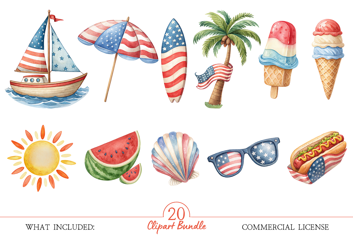 Watercolor 4th of July Clipart, a Seasonal Illustration by MockupWizard (Photo 3 of 5)