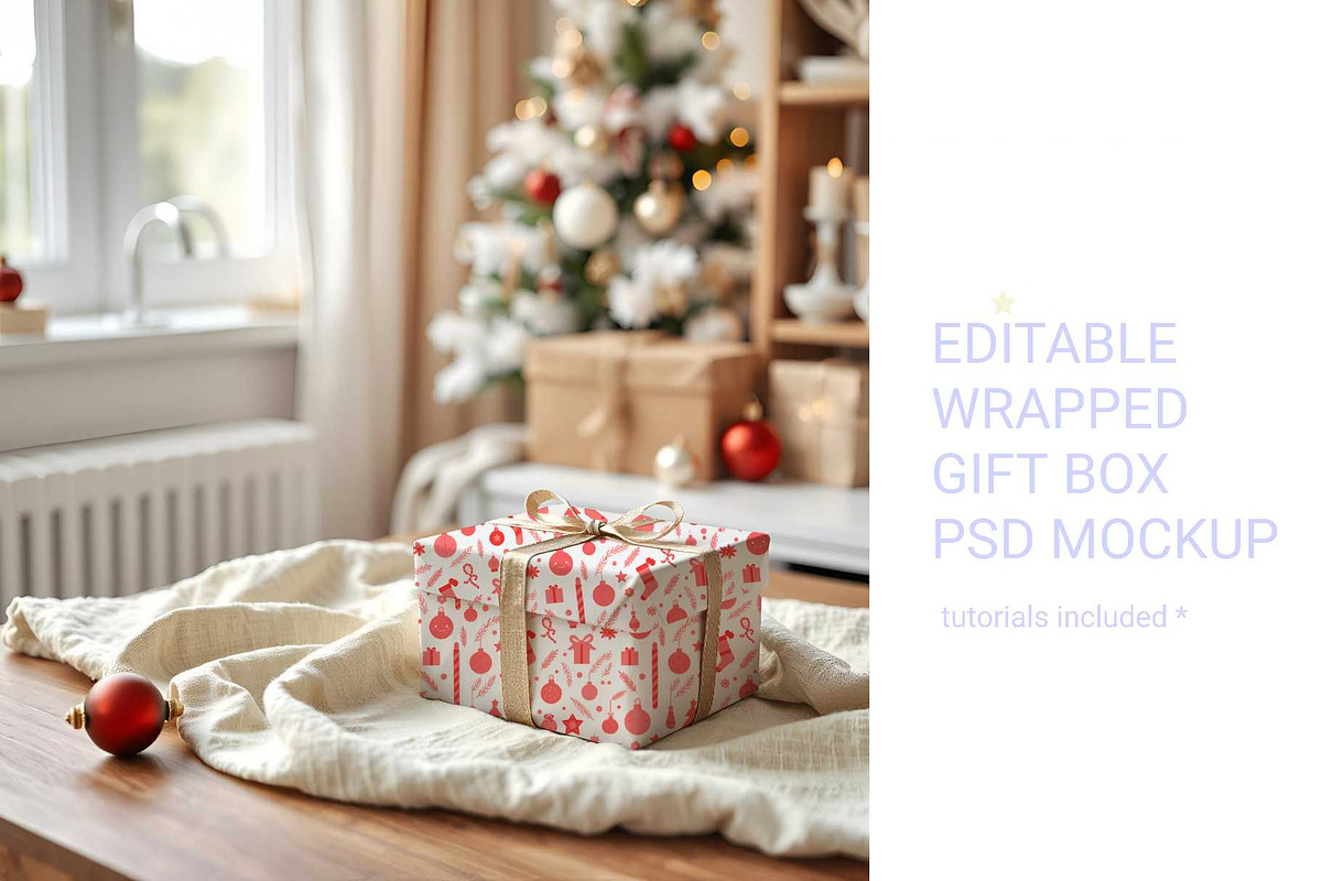 Christmas theme wrapped gift box PSD, a Packaging Mockup by jenartstudio (Photo 2 of 2)