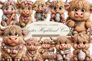 Whimsical Easter Highland Cow Clipar, an Illustration by Sublimation Artist