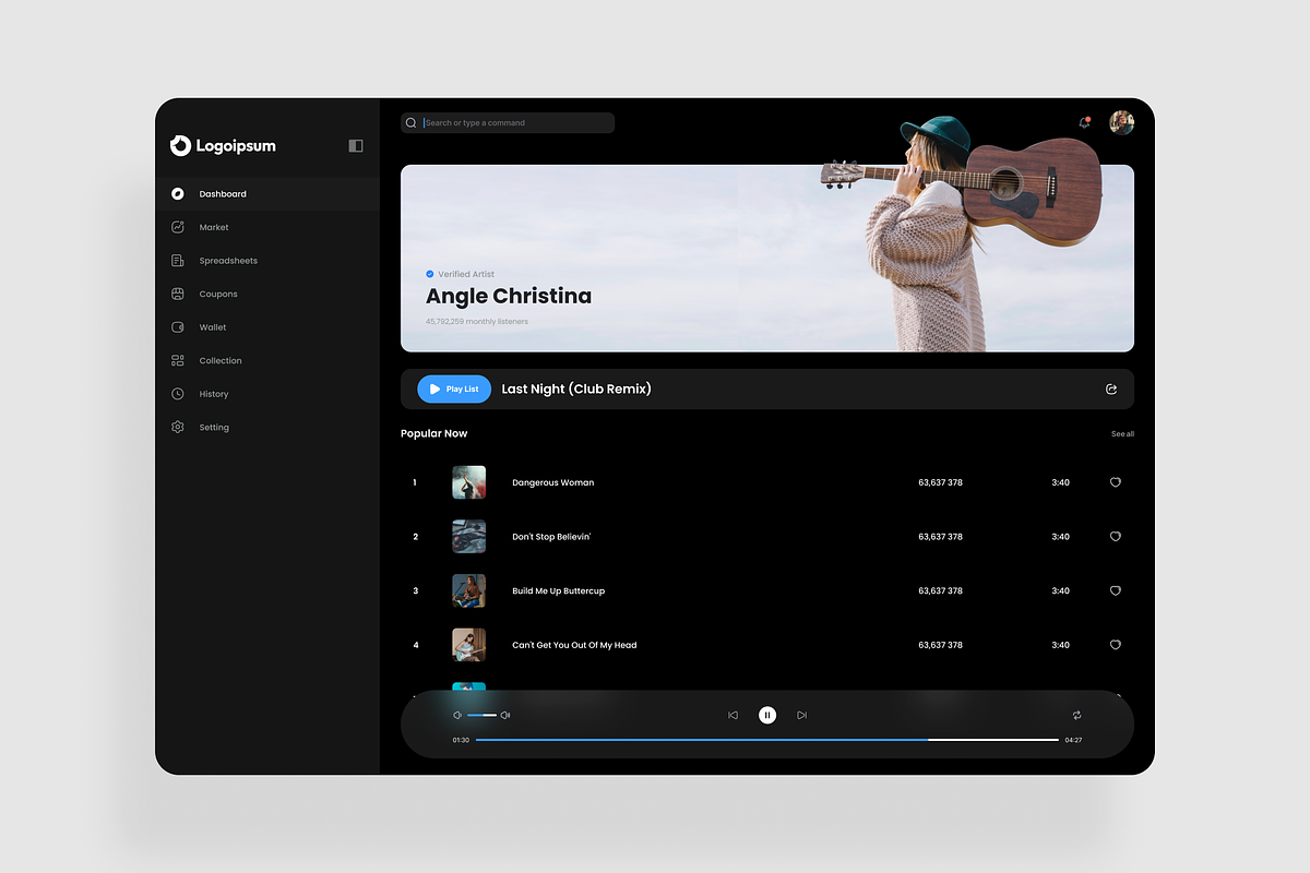 Music Play Dashboard UI Kit, an UI Kit Template by iDoodle Studio
