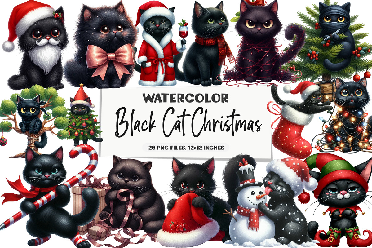 Christmas Black Funny Cat Clipart, an Illustration by DreamArtGraphic (Photo 1 of 4)