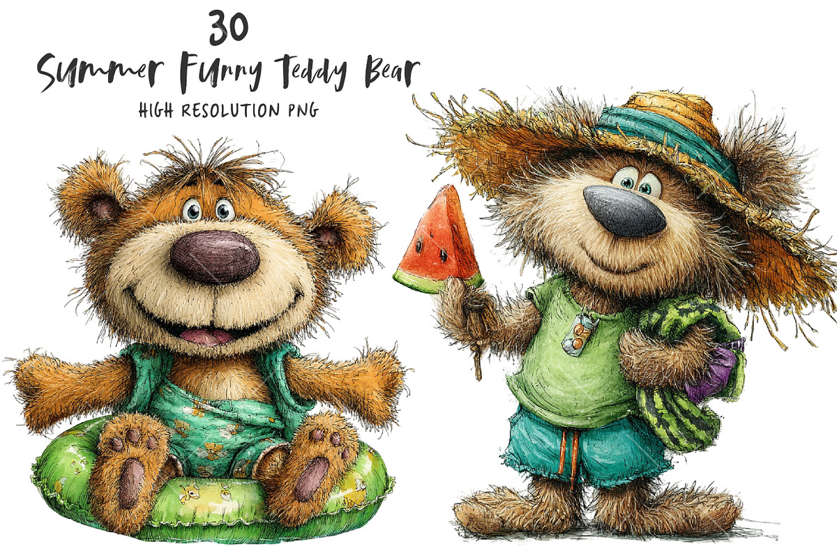 Summer Funny Teddy Bear Clipart, an Illustration by OK Design (Photo 1 of 6)