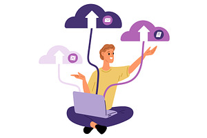 Man uses laptop to upload and, a Technology Illustration by Vectorbuum