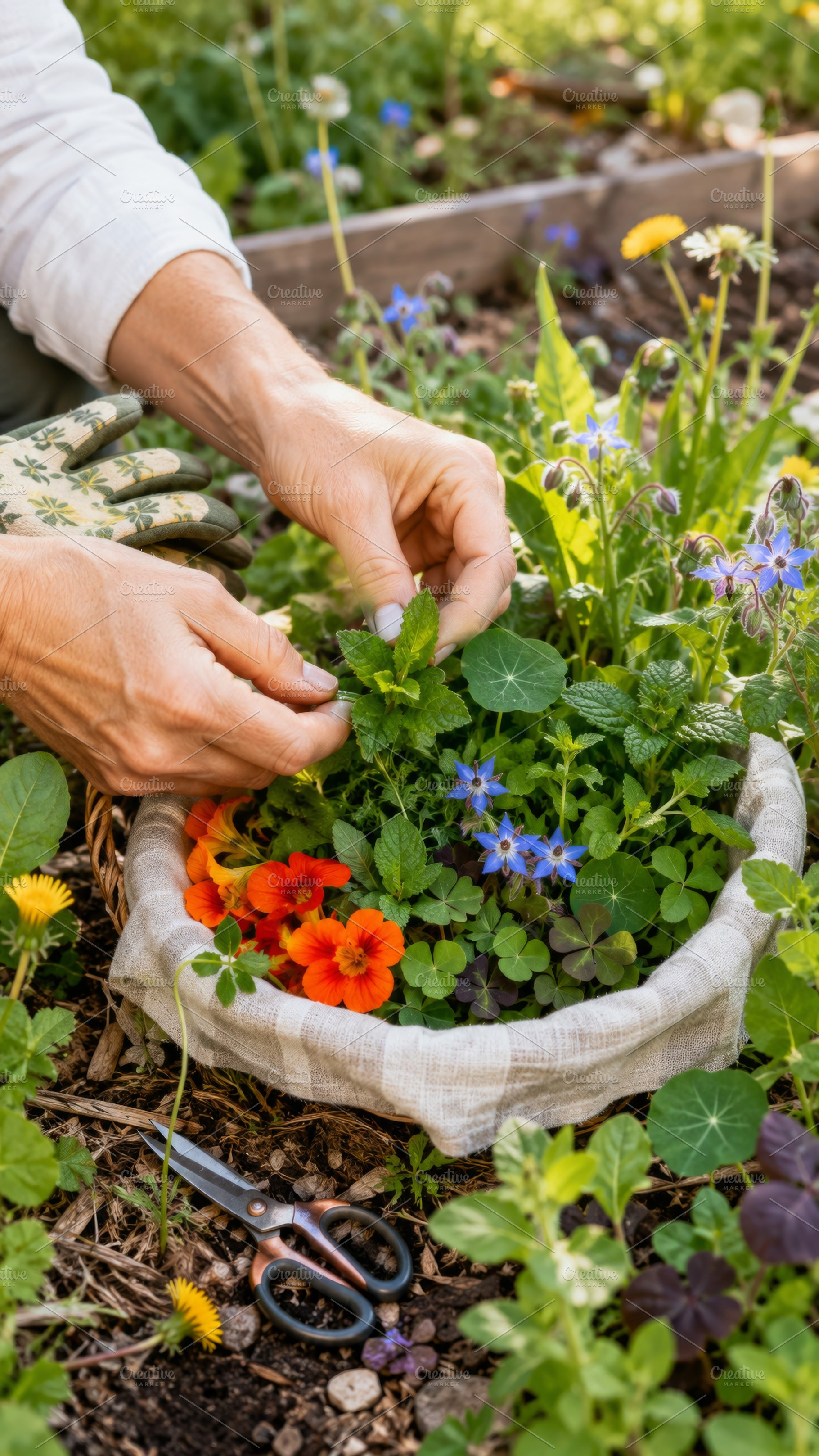 Hands harvesting herbs and flowers i, a Photo by Dvoevnore photos