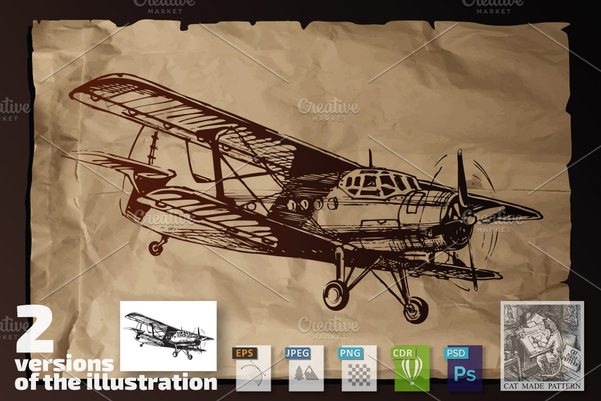 Plane on old paper background, a Transportation Illustration by CatMadePattern (Photo 1 of 2)