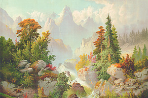 Vintage Landscape Trees Mountains