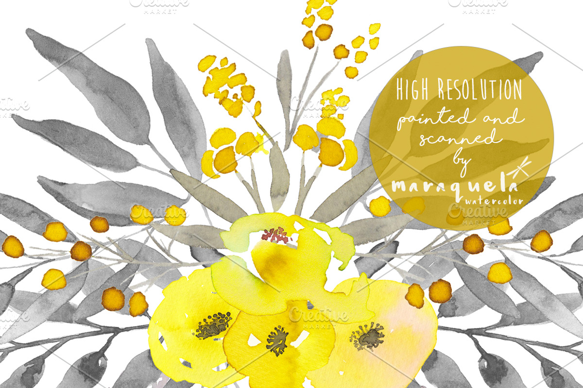 Yellow & Grey Flowers hand painted, a Decorative Illustration by MaraquelaStudio (Photo 8 of 8)