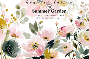 summer garden watercolor clipart, an Illustration by DreamCafeArt